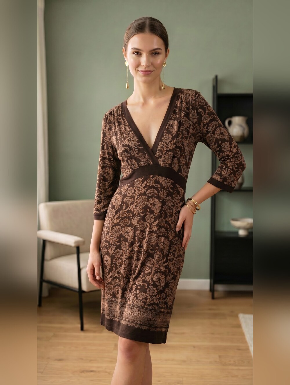 Athleta Brown Floral-Print‎ Midi Wrap Dress